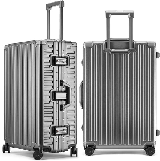 ROAMING Zipperless Luggage 28 Inch with Aluminum Frame, Checked-Large Lightweight 3-Layer PC Hard Shell Suitcase with Spinner Wheels, Metal Travel Luggage with Three TSA Locks, gray