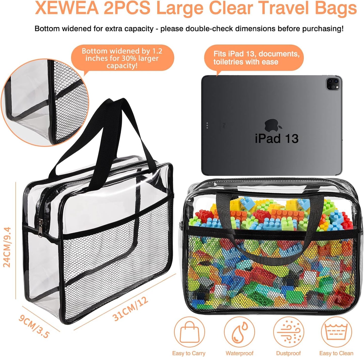 XEWEA 2PCS Large TSA Approved Clear Travel Toiletry Bags for Men Women, Transparent Makeup Cosmetic Bag with Handle,Waterproof PVC Quart Organizer Storage Pouch for Toiletries Airline Essential, Balck