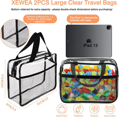 XEWEA 2PCS Large TSA Approved Clear Travel Toiletry Bags for Men Women, Transparent Makeup Cosmetic Bag with Handle,Waterproof PVC Quart Organizer Storage Pouch for Toiletries Airline Essential, Balck