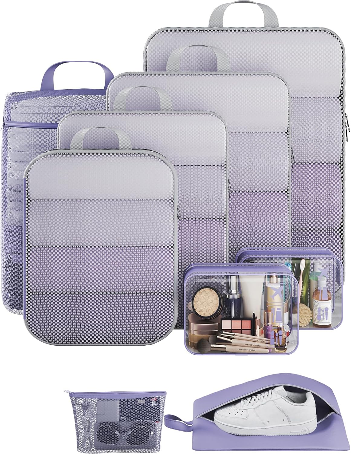 Veken 9/11 Set Compression Packing Cubes for Travel Essentials,Compressible Expandable Large Luggage Suitcase Organizer Bags for Clothing,Durable Space Saver Storage Bags(Purple Gray)