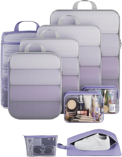 Veken 9/11 Set Compression Packing Cubes for Travel Essentials,Compressible Expandable Large Luggage Suitcase Organizer Bags for Clothing,Durable Space Saver Storage Bags(Purple Gray)