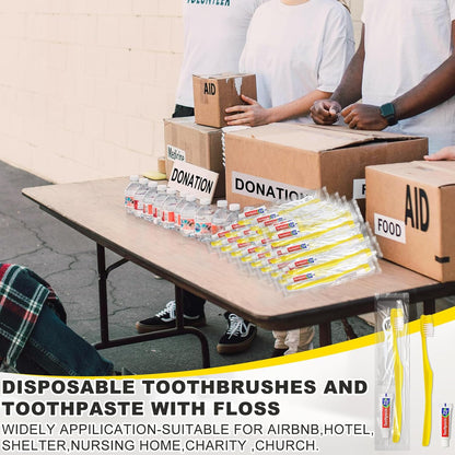 30pcs Disposable Toothbrushes with Toothpaste and Floss,Yellow Bulk Single Use Toothbrush Floss Pick Individually Wrapped Disposable Travel Toothbrushes Kit for Homeless,Airbnb,Hotel,Guest
