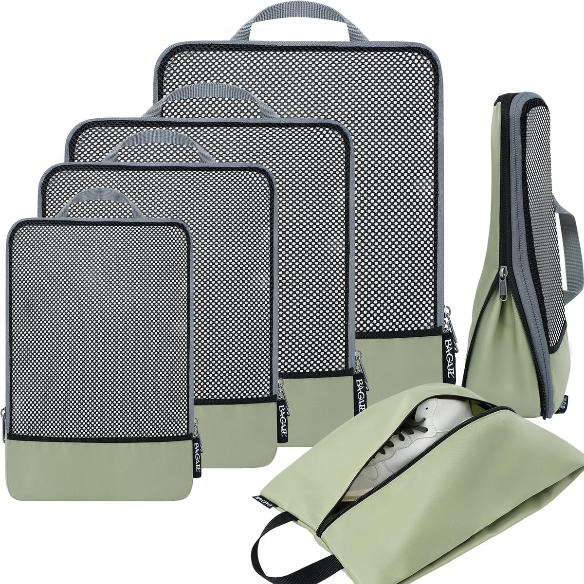 BAGAIL 4 Set/6 Set/8 Set Compression Packing Cubes Travel Accessories Expandable Packing Organizers (Half Mesh, 6-Matcha Green)
