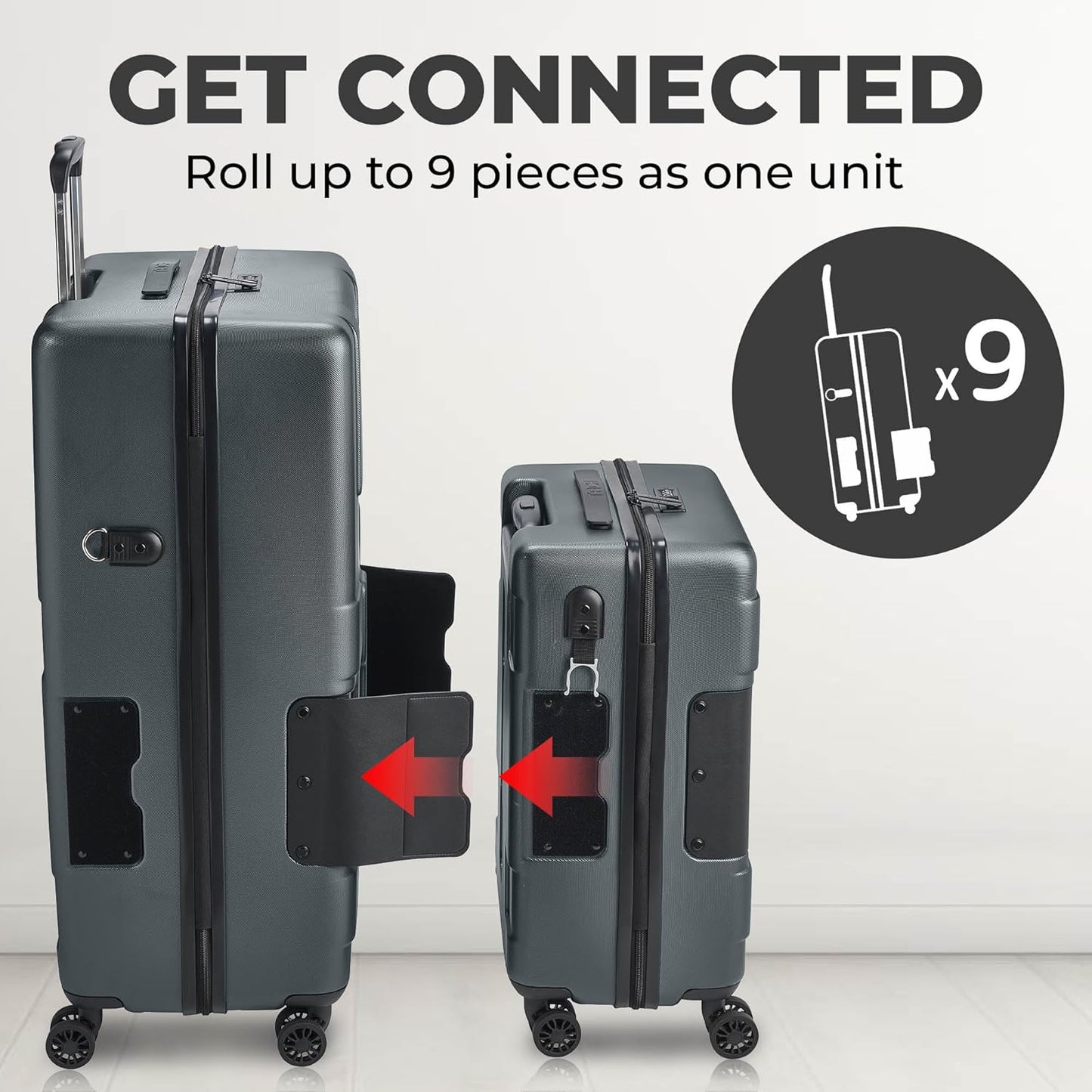 Tach V3.1 Hard Shell 2 Piece Luggage Set - 20 & 28 inch Luggage | Carry On & Large Checked Suitcases | Patented Built-In Connecting System | Rolling Suitcase Links 9 Bags (Grey)