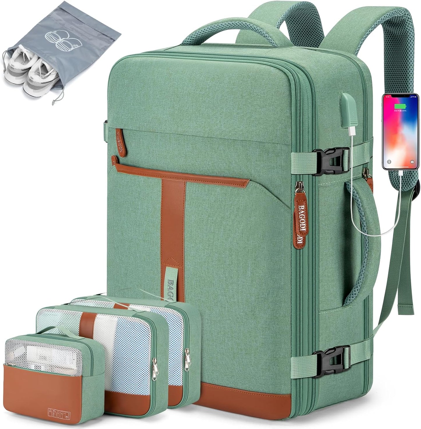 42L Travel Laptop Backpack, Expandable Carry-on Luggage, Anti-Theft Business Weekender Bag with USB Port, 3 Packing Cubes & Shoe Bag (Green)