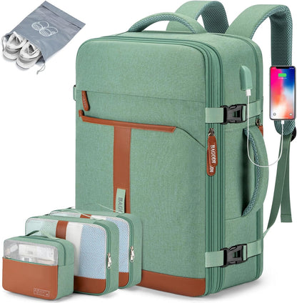42L Travel Laptop Backpack, Expandable Carry-on Luggage, Anti-Theft Business Weekender Bag with USB Port, 3 Packing Cubes & Shoe Bag (Green)