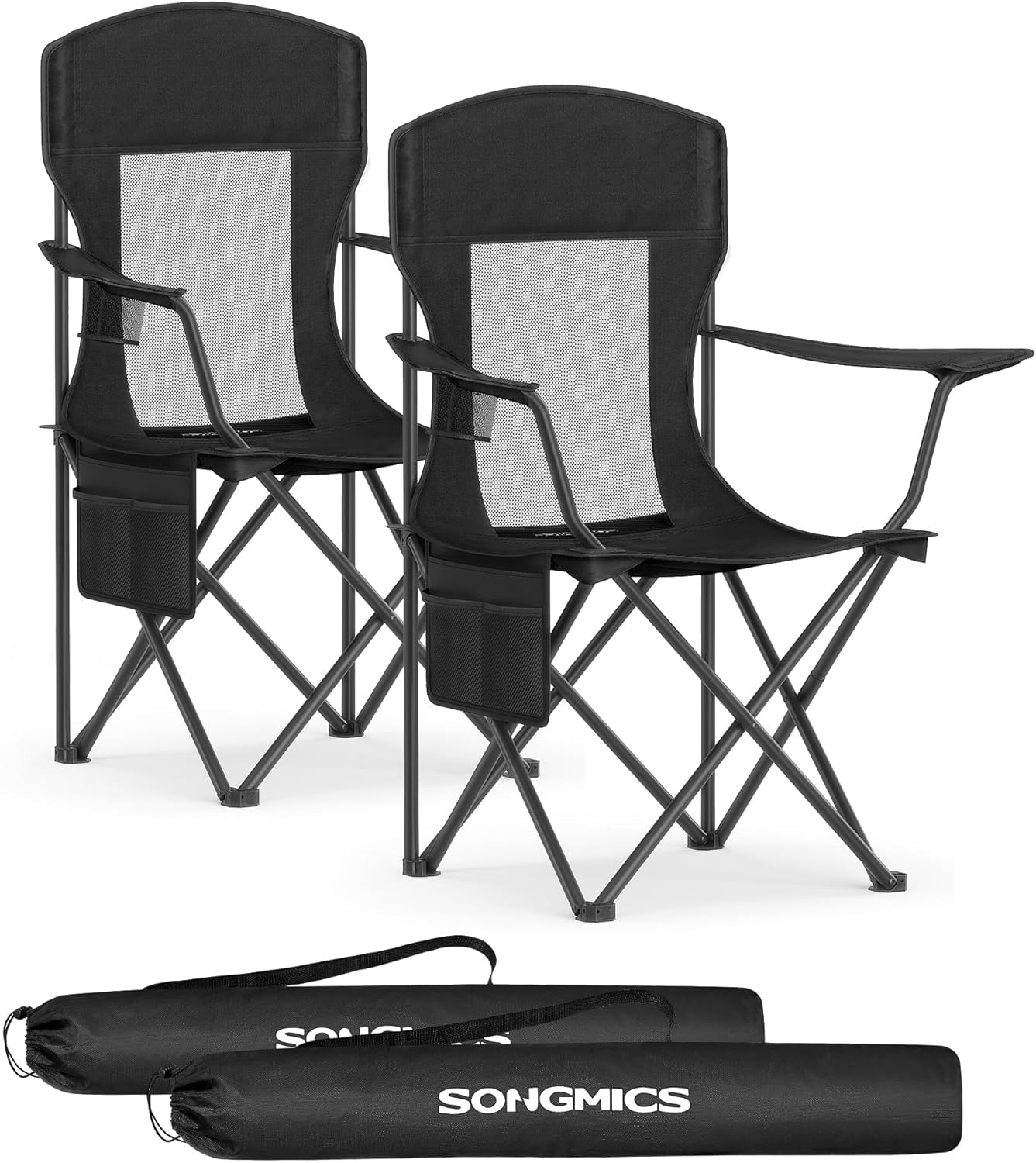 SONGMICS Breathable Camping Chairs, Foldable Outdoor Chairs Set of 2, High Back, Adjustable Armrests, Drink Holder, Weight Capacity 330 lb, for Sports Garden Backyard, Ink Black UGCB028B02
