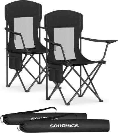 SONGMICS Breathable Camping Chairs, Foldable Outdoor Chairs Set of 2, High Back, Adjustable Armrests, Drink Holder, Weight Capacity 330 lb, for Sports Garden Backyard, Ink Black UGCB028B02