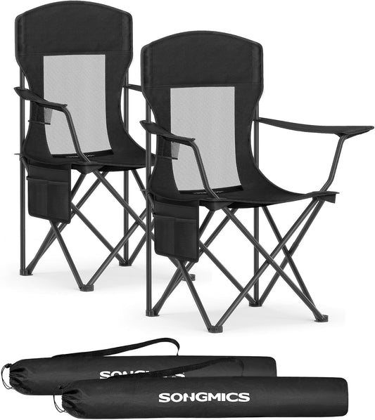 SONGMICS Breathable Camping Chairs, Foldable Outdoor Chairs Set of 2, High Back, Adjustable Armrests, Drink Holder, Weight Capacity 330 lb, for Sports Garden Backyard, Ink Black UGCB028B02