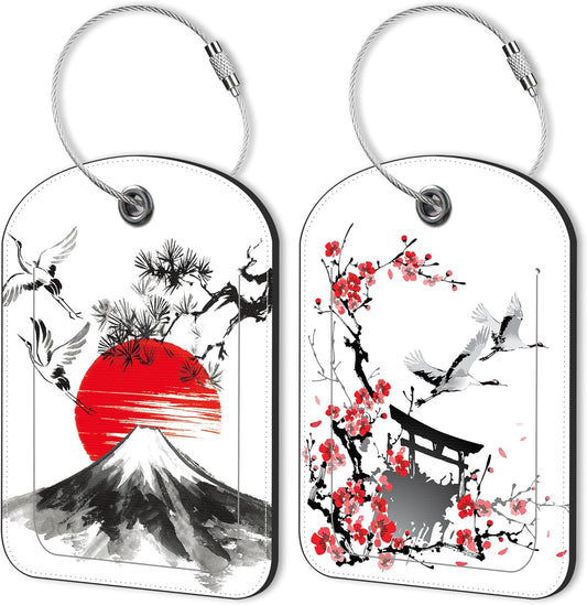 Japanese Cherry Blossoms Storks Leather Luggage Tag for Suitcase 2 Pack Luggage Tag with Privacy Name ID Label and Stainless Steel Loop for Travel Bag Suitcase