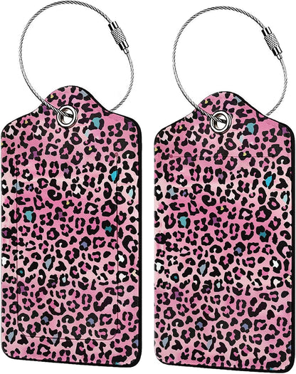Pink Leopard Print Luggage Tags for Suitcases,2 Pack Luggage Tag, Leather Stainless Steel Loop Label Tag for Women Girl Travel Bag Suitcase