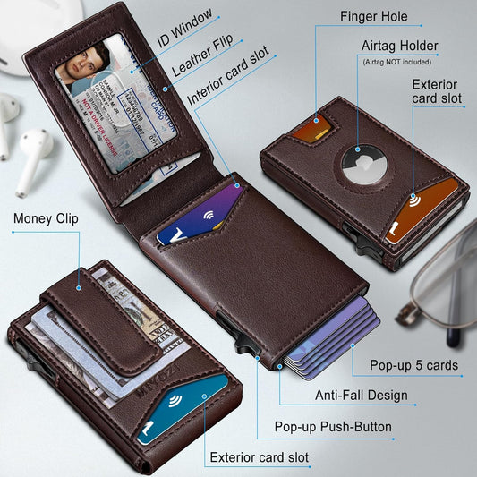 Airtag Wallet for Men,with Money Clip Gift Boxed,Slim Front Pocket Wallet RFID Blocking Metal Case Smart Pop-up Credit Card Holder in Magnetic Leather Flip