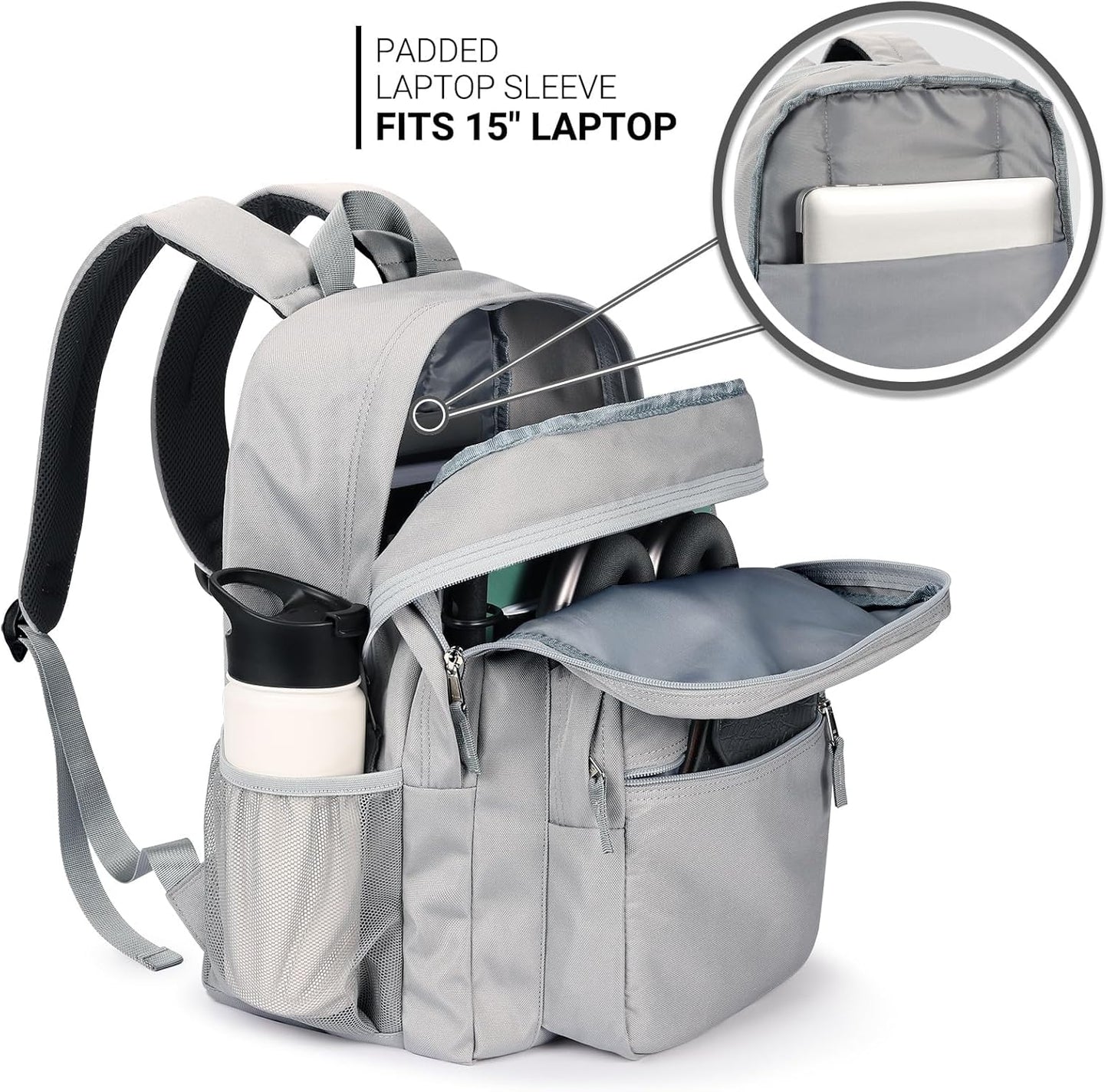 ZORFIN 26L Backpack for College, and Travel: Water Resistant Bookbag - Grey