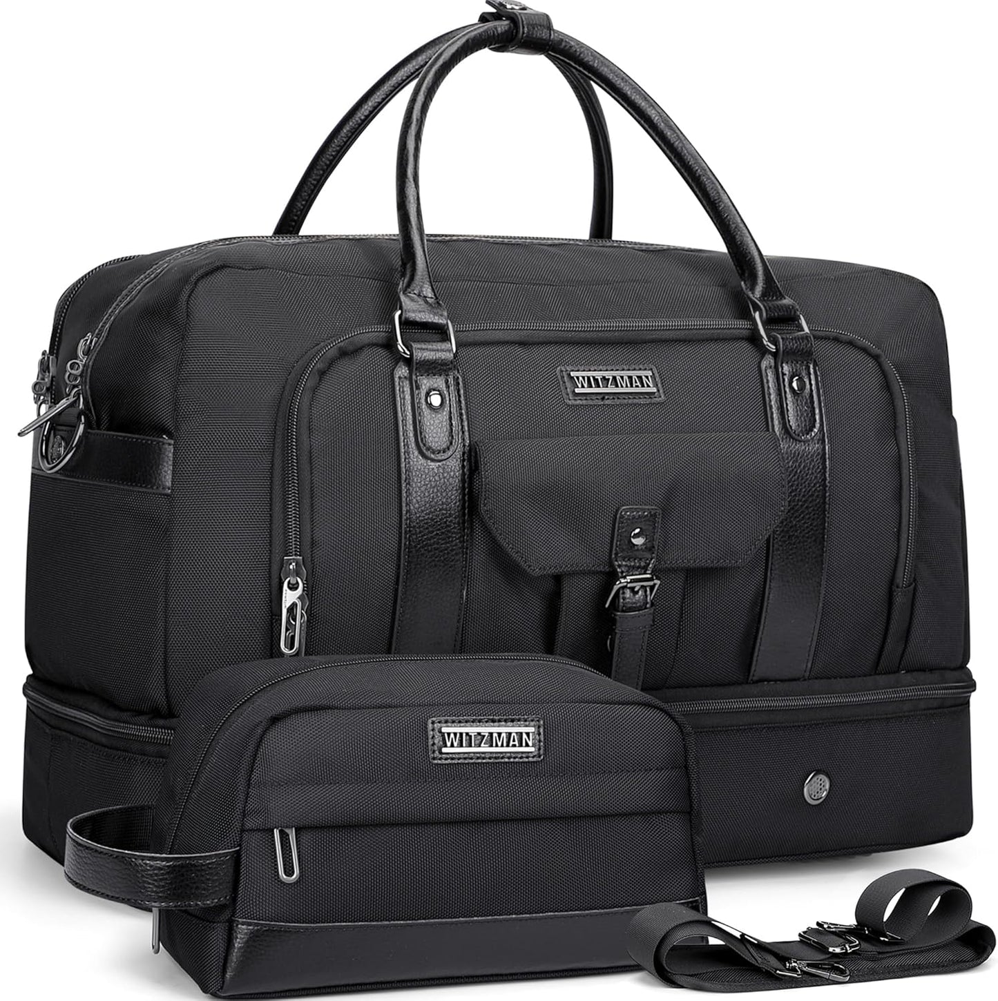 WITZMAN Weekender Bags for Men Women Carry On Duffle Overnight Bag with Toiletry Bag Sets Travel Duffel Bag Shoes Compartment （B694 Black）