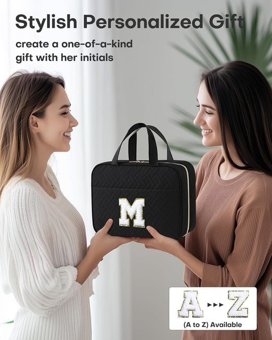 HOTOR Travel Toiletry Bag - Personalized Chenille Initial Makeup Bag, Water-Resistant Personalized Gifts for Women, Portable Travel Accessories & Essentials, Letter M, Black, 11.4"×9.0"×3.35"