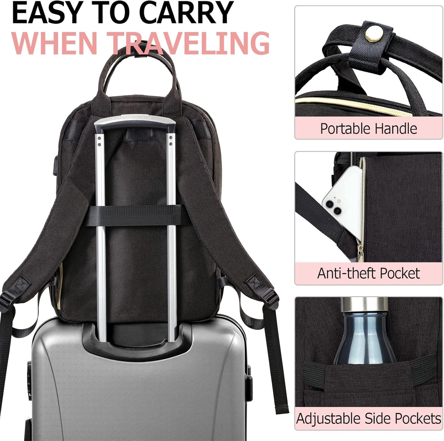 Laptop Backpack for Women Men, School Backpacks for Teens Girls Boys, 17.3 Inch Work Laptop Bag with USB Port Charging, Water Resistant College Bookbags for Girls, Black