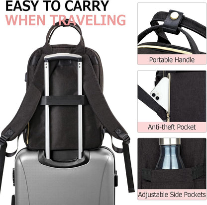 Travel Laptop Backpack for Women, School Backpack for Teens, 15.6 Inch Work Laptop Bag with USB Port Charging, Water Resistant College School Bookbags for Girls, Black