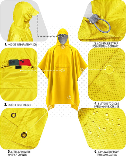 iCreek Hooded Rain Poncho with Pocket Waterproof Lightweight Unisex Raincoat Jacket for Hiking, Camping, Outdoor