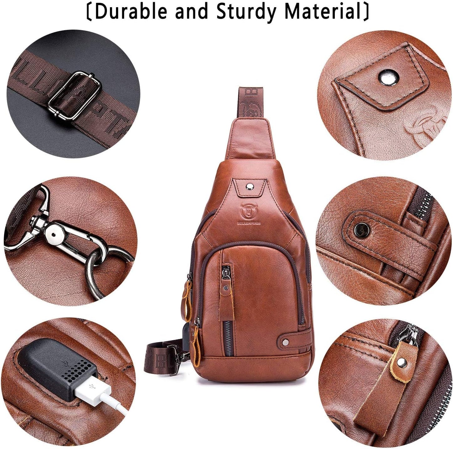 BULLCAPTAIN Leather Sling Bag Mens Chest Bag Casual Shoulder Crossbody Bags Travel Hiking Backpacks Daypack with USB Charging Port (Brown)