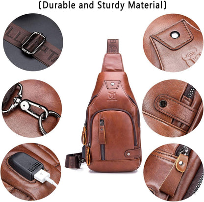 BULLCAPTAIN Leather Sling Bag Mens Chest Bag Casual Shoulder Crossbody Bags Travel Hiking Backpacks Daypack with USB Charging Port (Brown)