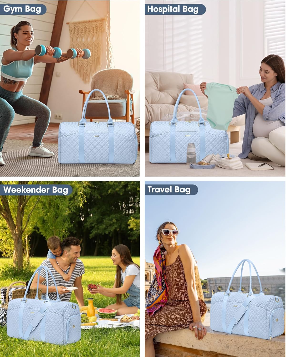 Women Duffle Weekender Travel Bag: Large Duffel Bags with Shoe Compartment Carry On Overnight Tote with Wet Pocket Traveling Weekend Gym Yoga Hospital Bag for Womens Light Blue