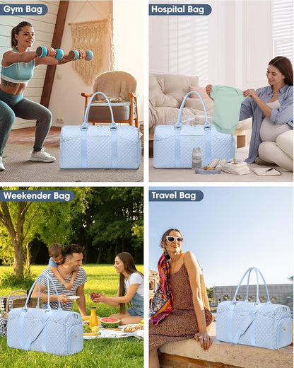 Women Duffle Weekender Travel Bag: Large Duffel Bags with Shoe Compartment Carry On Overnight Tote with Wet Pocket Traveling Weekend Gym Yoga Hospital Bag for Womens Light Blue
