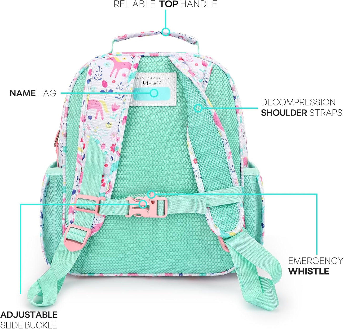 mibasies Toddler Backpack for Girls 2-4: Cute Kids Backpacks for Girls - Preschool Kindergarten Backpack - Unicorn Garden Turquoise