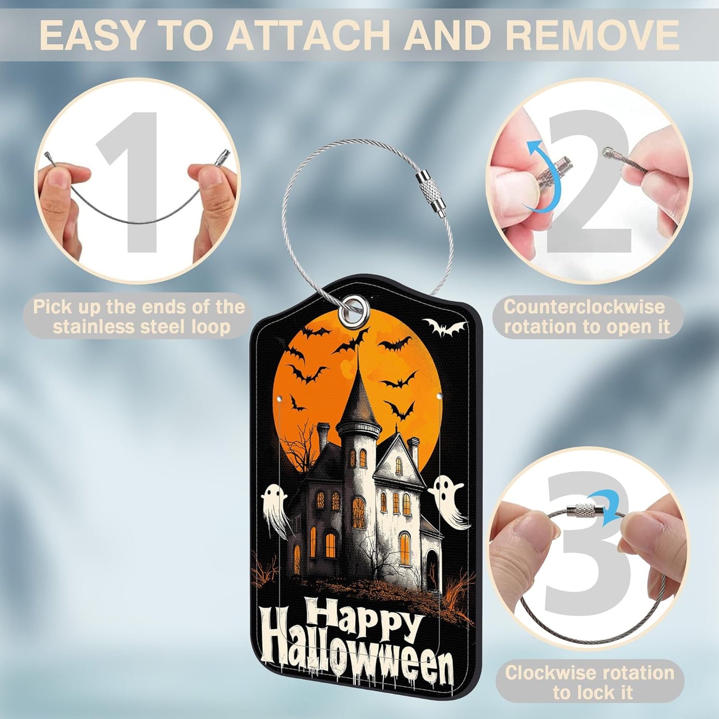 2 Pack Bat and Ghost Luggage Tags for Suitcases Happy Halloween Castle Leather Luggage Tags Privacy Cover ID Label with Stainless Steel Loop and Address Card for Women Men Travel Bag Backpack