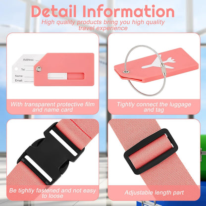 Weewooday 8 Pcs Luggage Straps Suitcase Tags Set for TSA Approved, 4 Travel Adjustable Suitcase Belt, 4 Silicone Luggage Tags with Name ID Card Travel Accessories(Dark Pink,Airplane)