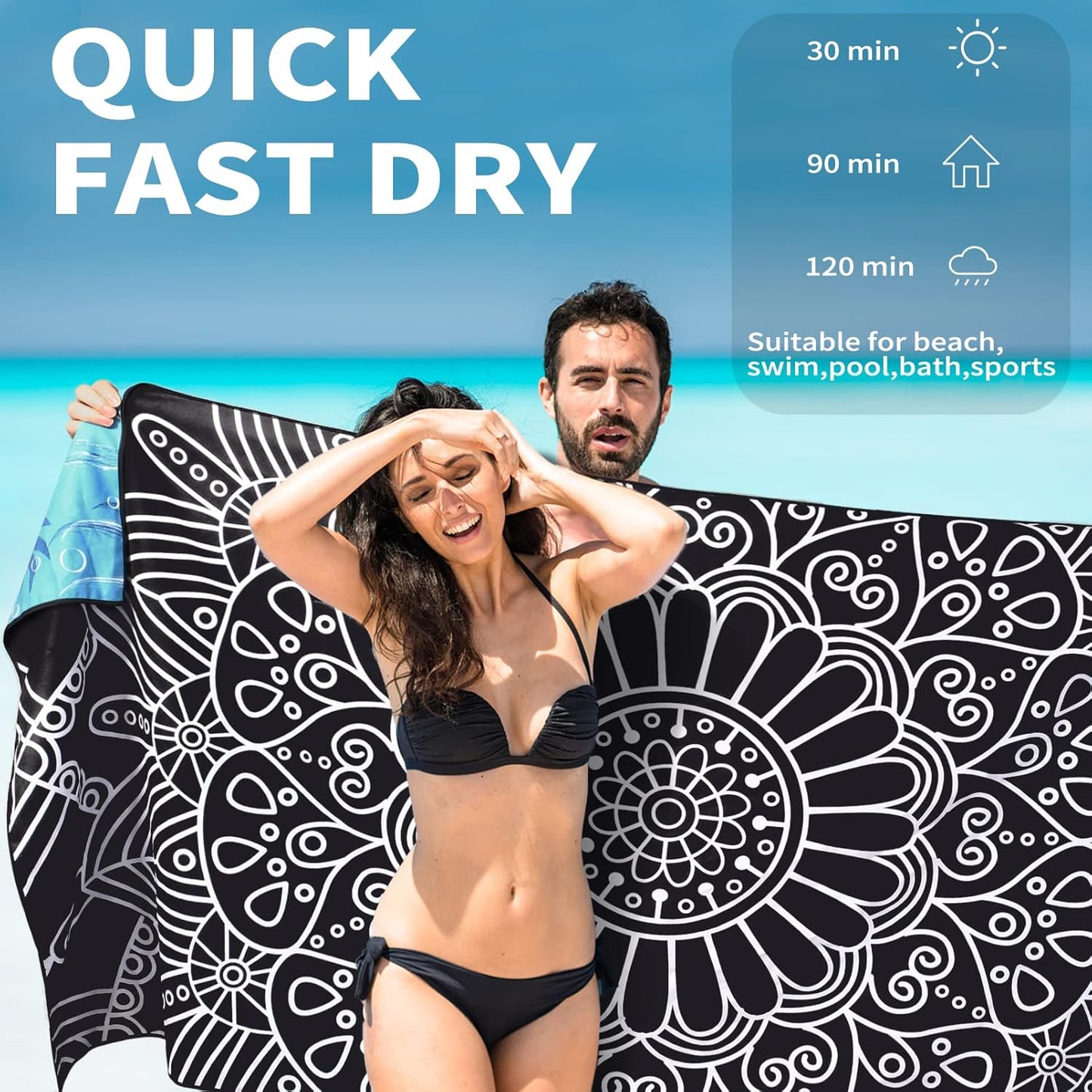 2 Pack Lightweight Thin Beach Towel Oversized 71"x32" Big Extra Large Microfiber Sand Free Towels for Adult Quick Dry Travel Camping Beach Accessories Vacation Essential Gift Black Mandala Elephant