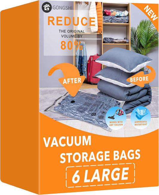 6 Large Vacuum Storage Bags,Plastic Packaging Bags,Space Saver Sealer Compression Bags for Blankets, Comforters, Pillows, Clothes Storage