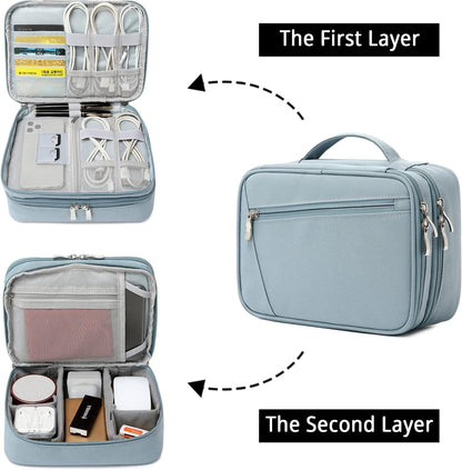 mygreen Electronics Travel Organizer, Watreproof Electronic Accessories Case Portable Double Layer Cable Storage Bag for Cord, Charger, Flash Drive, Phone, Ipad Mini, SD Card, Gifts for Him Grey Blue
