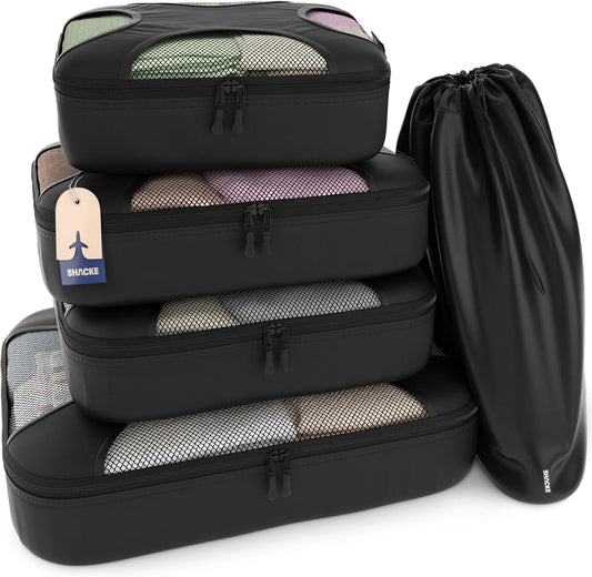 Shacke Premium 5 Packing Cubes Set - Lightweight Mesh Travel Luggage Organizers with Laundry Bag, 5-Piece Suitcase Storage System (Black)