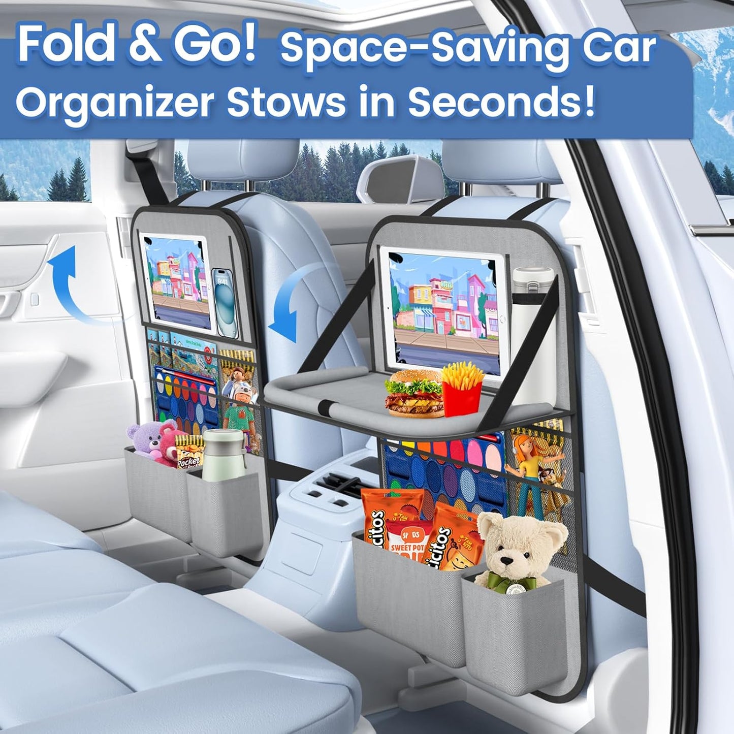2PACK-Car Backseat Organizer with Touch Screen Tablet Holder,9 Storage Pockets Storage Organizer with Foldable Food Tray, Protector Kick Mats for Kids, Travel Accessories Organizer (Grey)