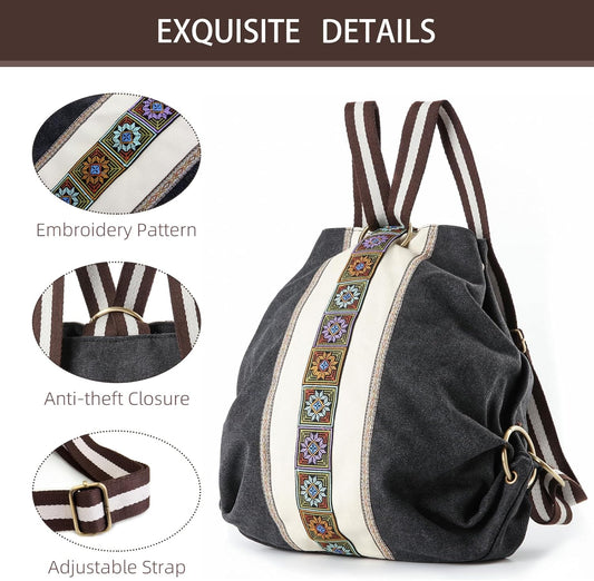 Goodhan WomCanvas Backpack Daypack Casual Shoulder Bag, Vintage Heavy-duty Anti-theft Travel Backpack(Grey Black)