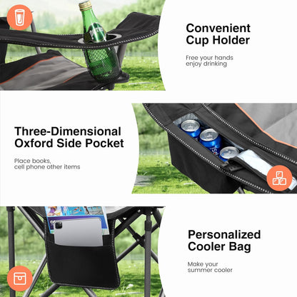 HIGH POINT SPORTS Oversized Portable Camping Folding Chair, Heavy Duty Foldable Outdoor Chair, Camp Chair with Cup Holder and Cooler Bag Support 450 LBS, Black…