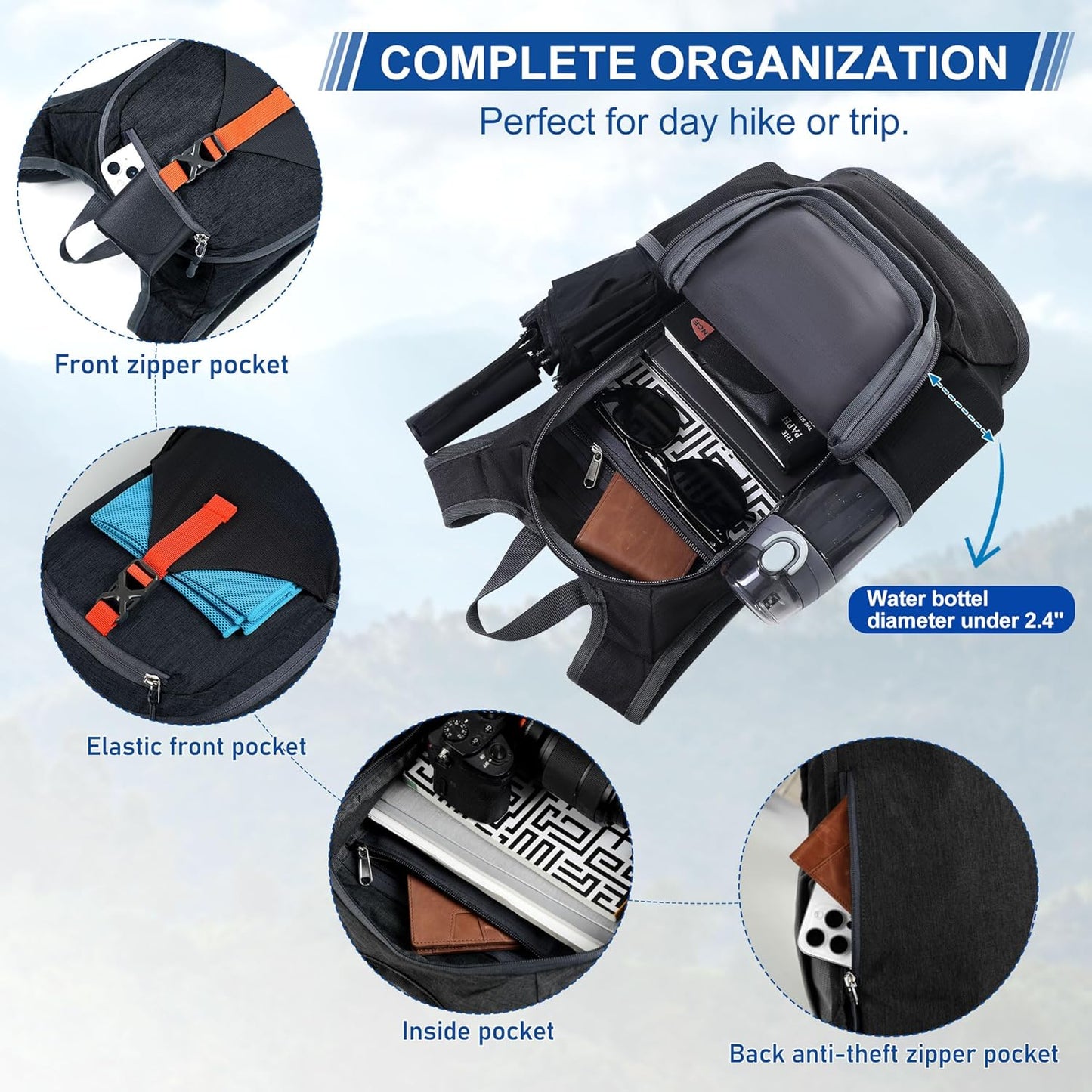 FIORETTO 10L Hiking Backpack for Women Men Mini Packable Backpack Lightweight Small Daypack for Camping Travel Outdoor, Black