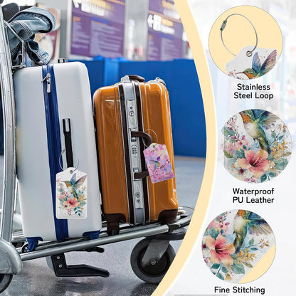 Hummingbird Flowers 3 Pack Luggage Tags for Suitcases, Cute Leather Name Tag with Privacy Cover with Stainless Steel Loops, Travel ID Bag Tags for Women Men