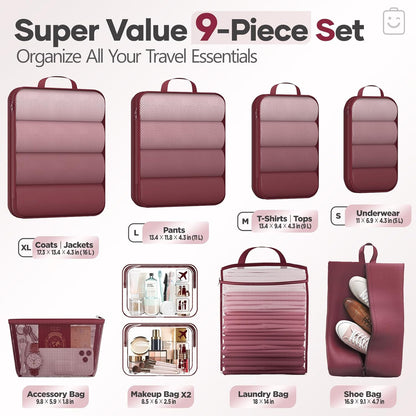 Veken 9/11 Set Compression Packing Cubes for Travel Essentials,Compressible Expandable Large Luggage Suitcase Organizer Bags for Clothing,Durable Space Saver Storage Bags with Toiletry Bags(Wine Red)