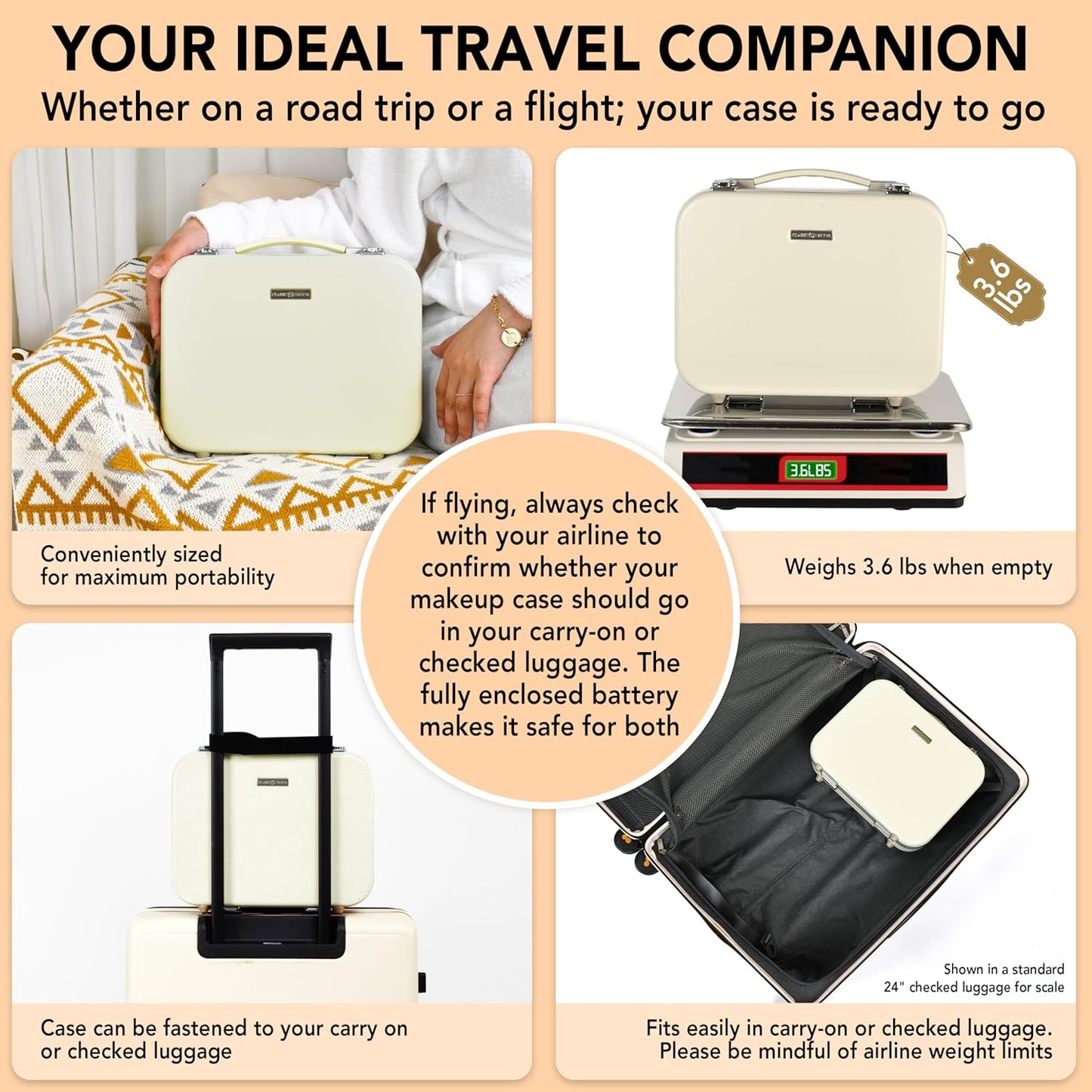 Lighted Makeup Case with Mirror - Standard Size 11.4" x 9" - Travel Makeup Train Case With Mirror - Rechargeable LED Travel Vanity Case with Adjustable Brightness - Train Case Makeup Bag - White