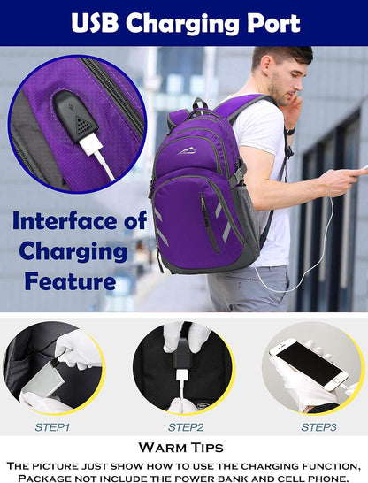ProEtrade Backpack Bookbag for College Laptop Travel, Fit Laptop Up to 15.6 inch with USB Charging Port Multi Compartment Anti theft, Gift for Women Men (Purple)