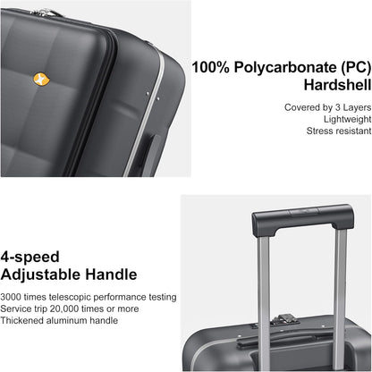 MGB 20 Inch Top Open Carry On Luggage 22x14x9 Airline Approved, Hard Shell Carry On Suitcase with Spinner Wheels, Travel Small Luggage Built-in TSA Lock for Women Men Gifts (Charcoal Grey)