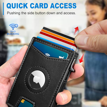 Airtag Wallet for Men,with Money Clip Gift Boxed,Slim Front Pocket Wallet RFID Blocking Metal Case Smart Pop-up Credit Card Holder in Magnetic Leather Flip