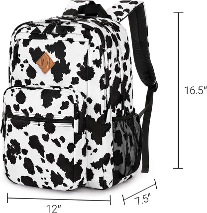 ZORFIN 26L Backpack for College, and Travel: Water Resistant Bookbag - Cow Print Black
