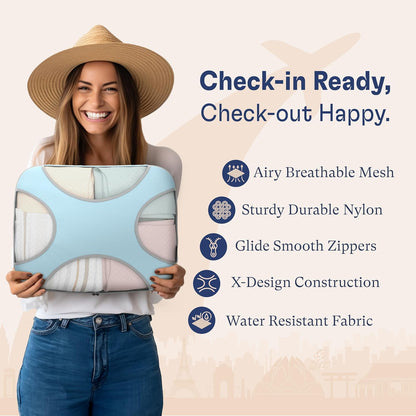 Shacke Premium 8 Packing Cubes Set - Lightweight Mesh Travel Luggage Organizers with Laundry Bag, 8-Piece Suitcase Storage System (Sky Blue)