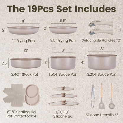 Chef Power Ceramic Nonstick Pots and Pans Set 19 Piece with Detachable Handle, Induction Dishwasher Oven Safe Cookware Set, RV Kitchen Set Removable Handle, Mocca Taupe