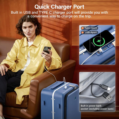 Hanke 28 Inch Luggage with Cup Holder and Charge,Top Opening Hard Shell Suitcases with Wheels and Dividers,Aluminum Frame Trunk Luggage Extra Large Suitcase with Lock for Travel,Interstellar Blue