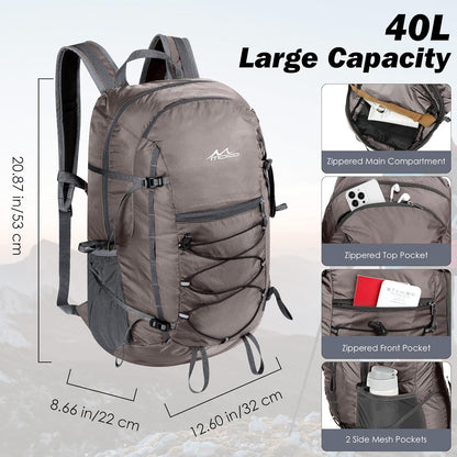 MoKo Hiking Backpack, 40L Large Capacity Camping Backpack with Multiple Pockets, Tear-resistant Travel Daypack for Men Women, Packable and Lightweight Hiking Daypack for Travel Camping Outdoor, Hummus