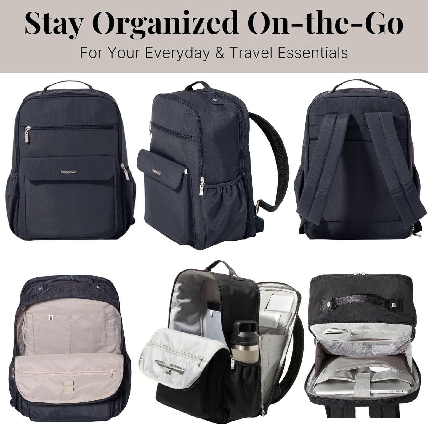 Baggallini Everyday Laptop Backpack - 11x15.5 Lightweight Water-Repellent Nylon Travel Bag w/Padded Laptop Sleeve & RFID