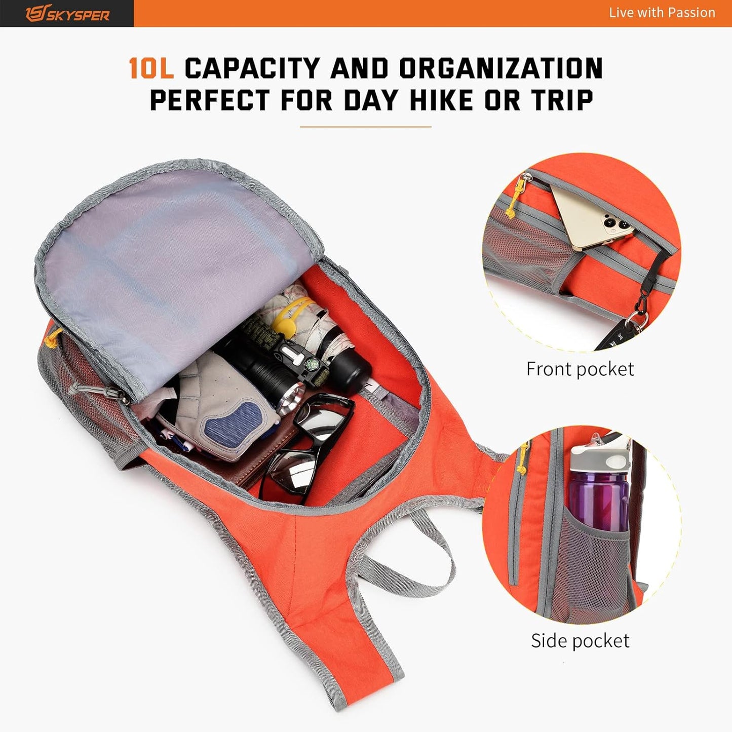 SKYSPER Small Daypack 10L Hiking Backpack Packable Lightweight Travel Day Pack for Women Men